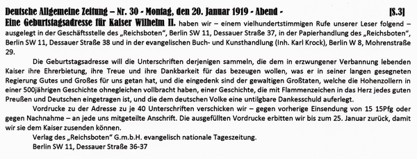 1919-01-20-yGeburtstagsadr-Kaiser Wilhelm-DAZ