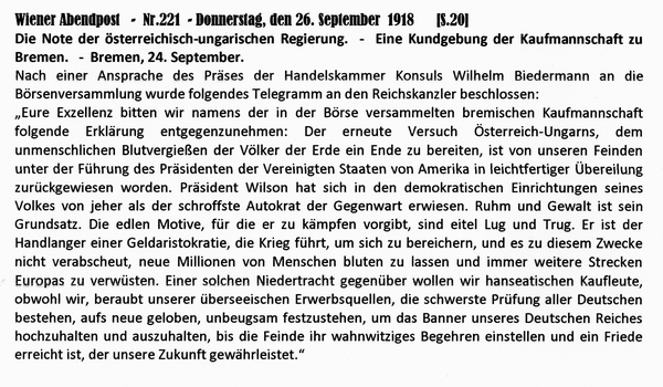 1918-09-26-Kaufmannschaft Bremen zu Note Burian-Wiener Zeitung