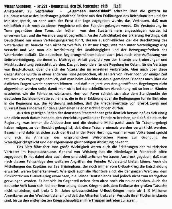 1918-09-26-Presse Holland zu Hauptausschu-Wiener Zeitung