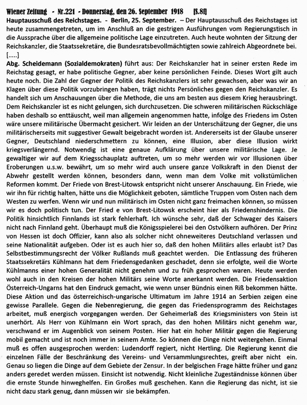 1918-09-26-Scheidemann-Hauptausschu-Wiener Zeitung