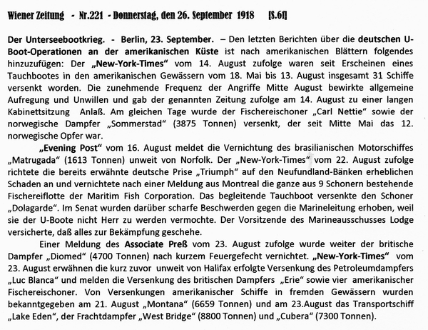 1918-09-26-U-Boot-Krieg-an amerik Kste-Wiener Zeitung