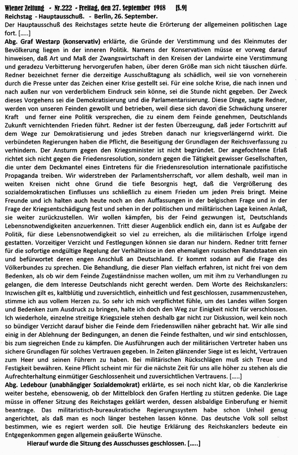 1918-09-27-Rede Westarp-Ledebour-Hauptausschu-Wiener Zeitung