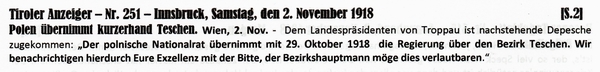 1918-11-02--01-Polen nimmt Teschen-TAZ